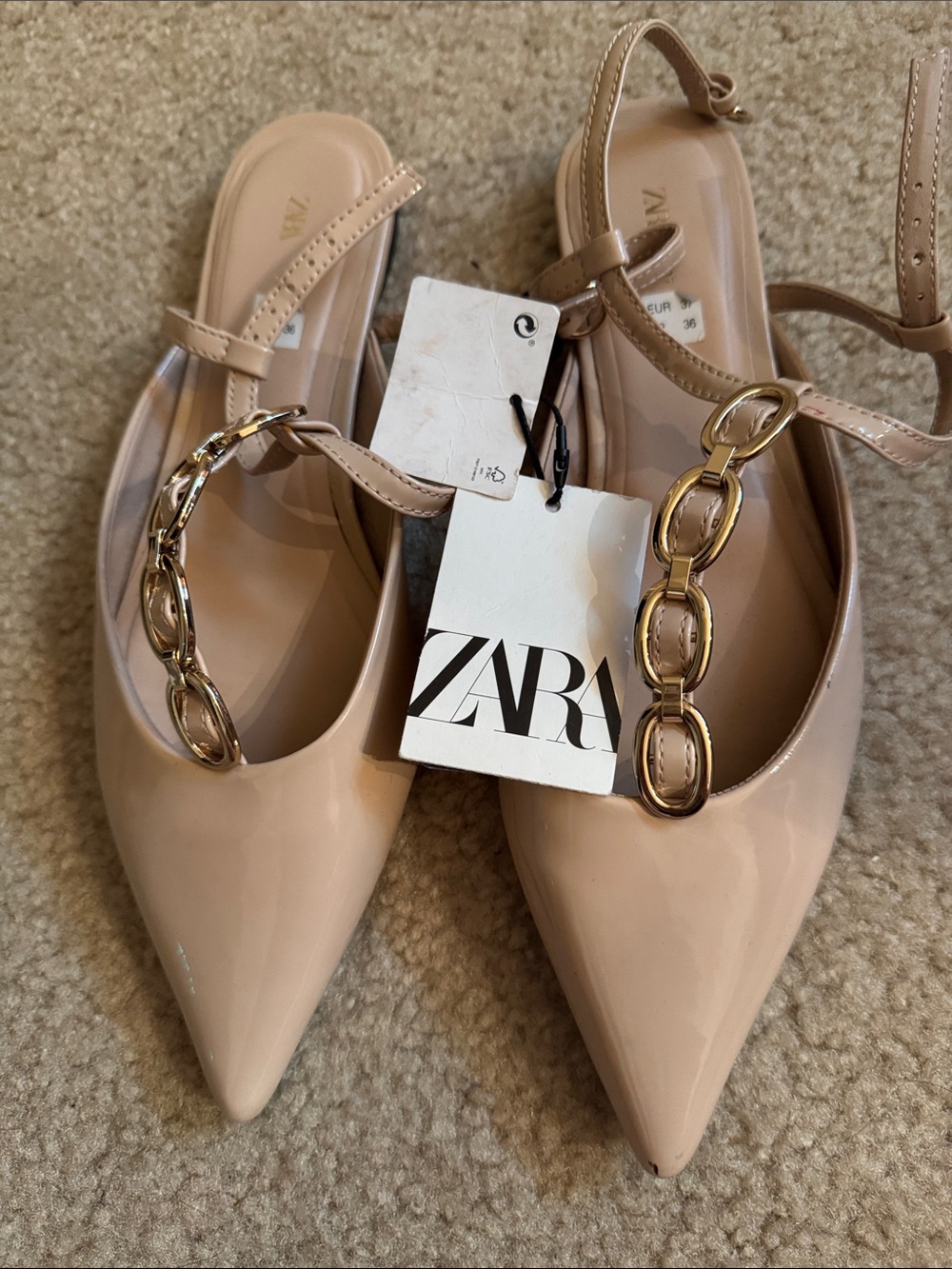 ZARA - Nude Patent Pointed Slingback Flats with Gold Chain Accents - Size 7